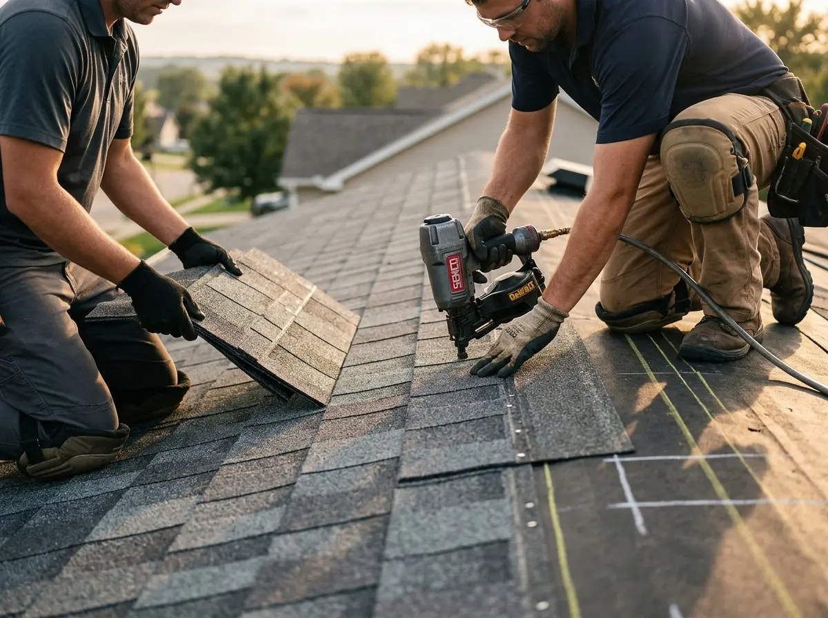 Professional roofer working on a residential roof in Lee's Summit